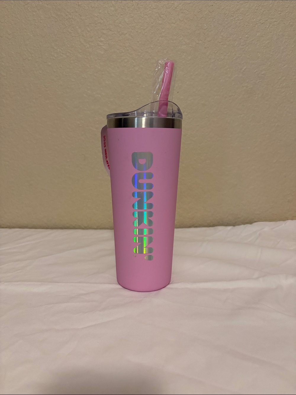 Dunkin' 20 oz Pink Stainless Steel Insulated Tumbler Solid Logo w/Lid Straw